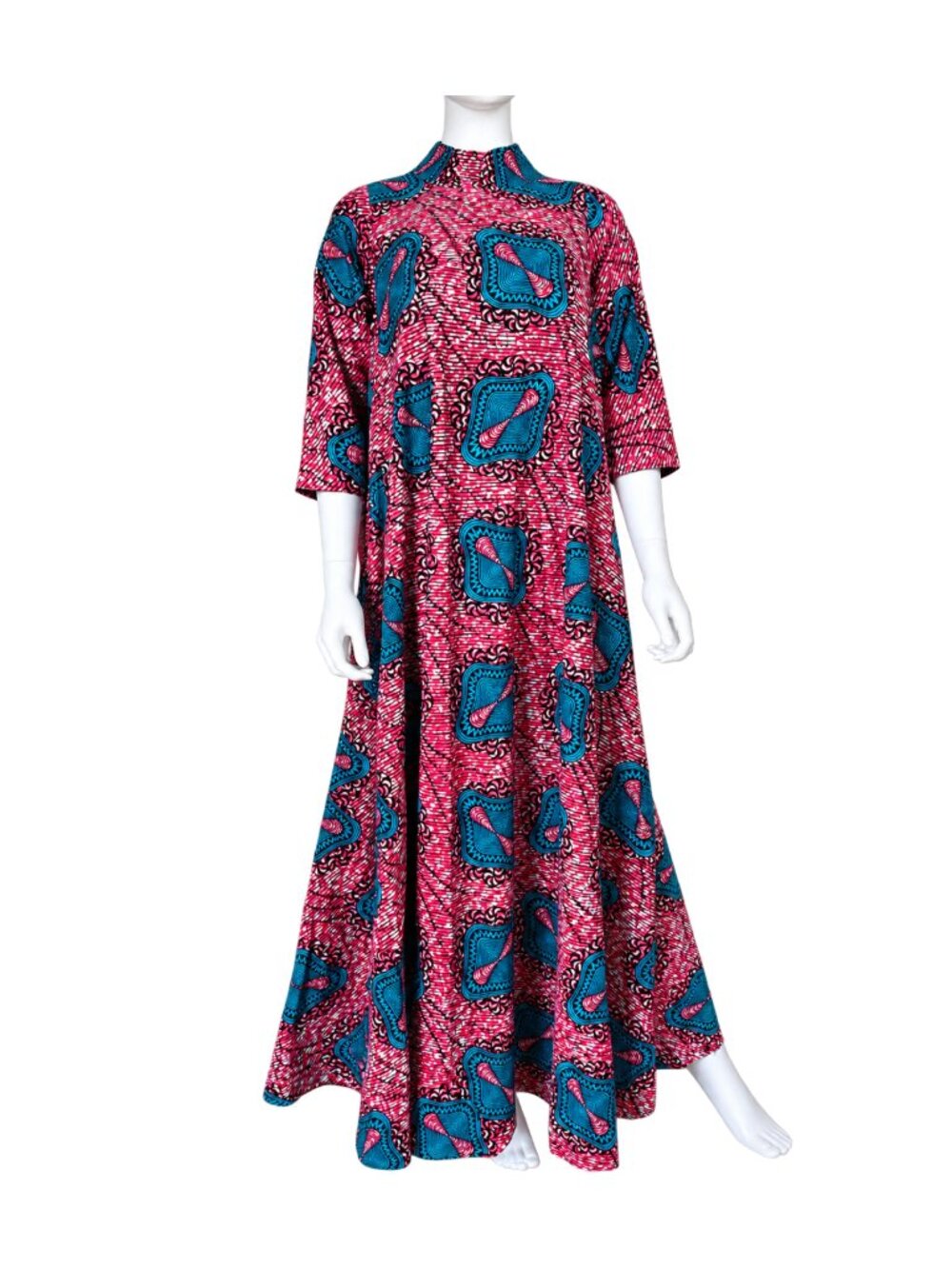 African Wax Print Heavy Cotton Maxi Dress High Neck A-Line Handmade